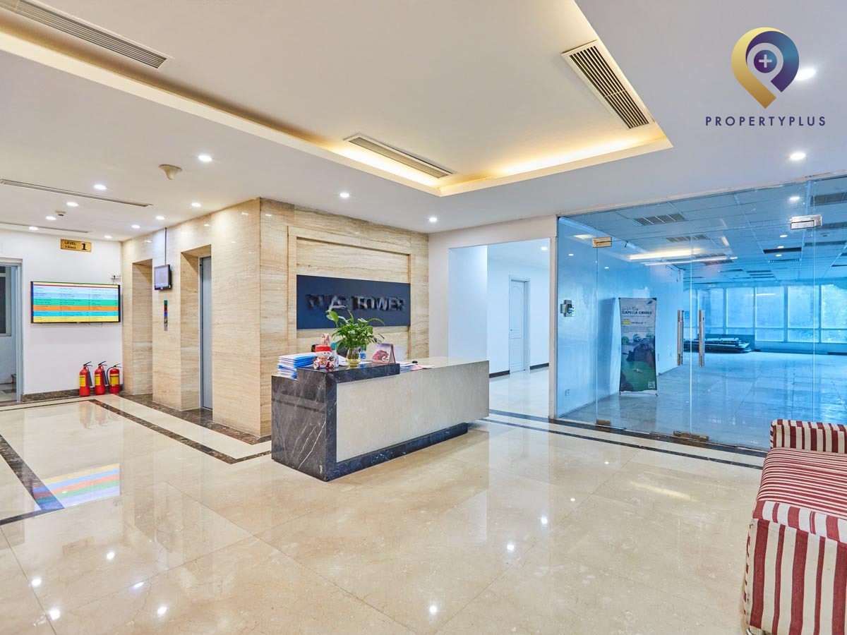 Main lobby area of DMC Tower with modern design and seating